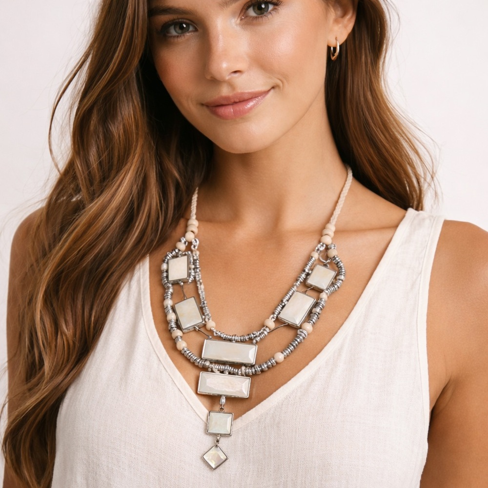 Free People Statement Necklace Shell Inlay Wood Bead Braided Cord Adjustable